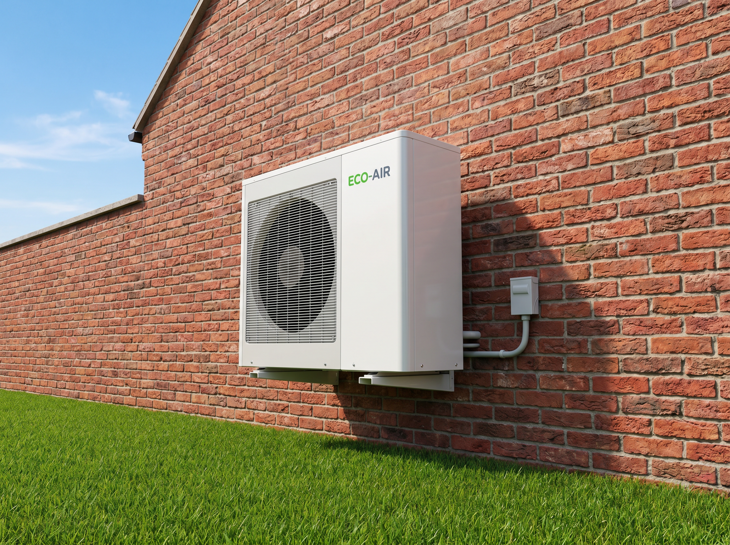 Air Source Heat Pump installed on brick wall